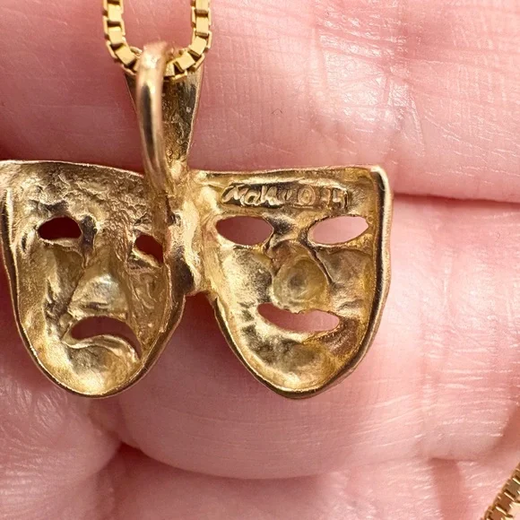 14K Drama Comedy Mask Pendant Yellow Gold Michael Anthony Actor Theater Thespian - Picture 12 of 14